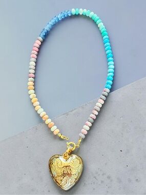 New Boho Antro-Style Gemstone Necklace with Large Gold Heart Pendant
